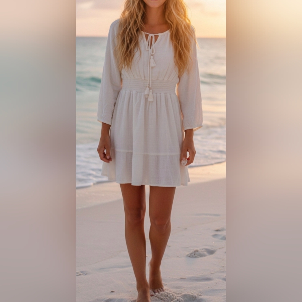 Idyllwind Long Sleeve Mini Dress Sz M Coastal Western Beacj Tropical Neutral SkP